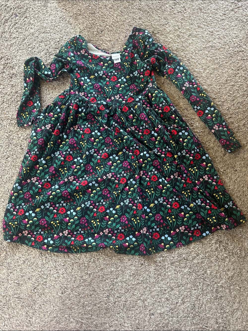 Hanna Andersson Long-Sleeve Floral Dress - Dark Green with Red & Pink Flowers